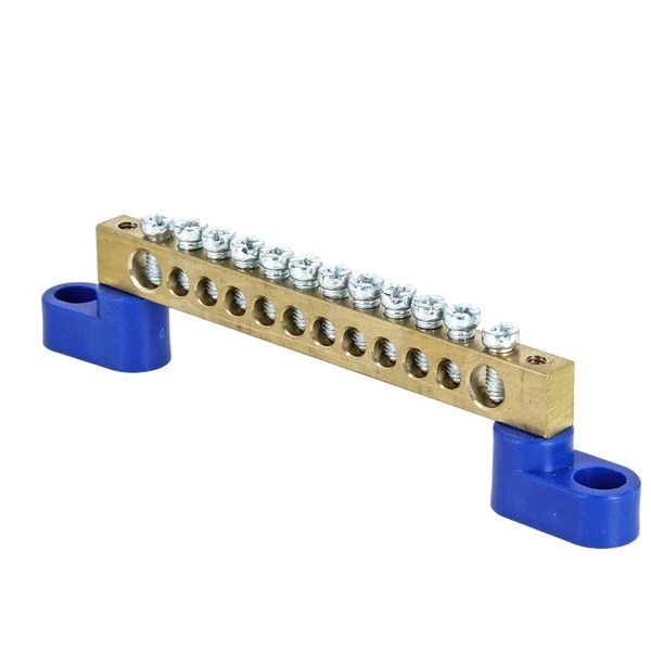 Шина "0" N (8x12мм) 12 отверстий латунь 2 синих угловых изолятора EKF PROxima