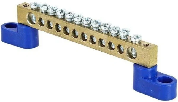 Шина "0" N (8x12мм) 10 отверстий латунь 2 синих угловых изолятора EKF PROxima