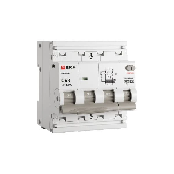 Автоматический выключатель дифференциального тока АВДТ-63N 3P+N 63А 30мА характеристика C тип AC электронный 6кА PROXIMA EKF