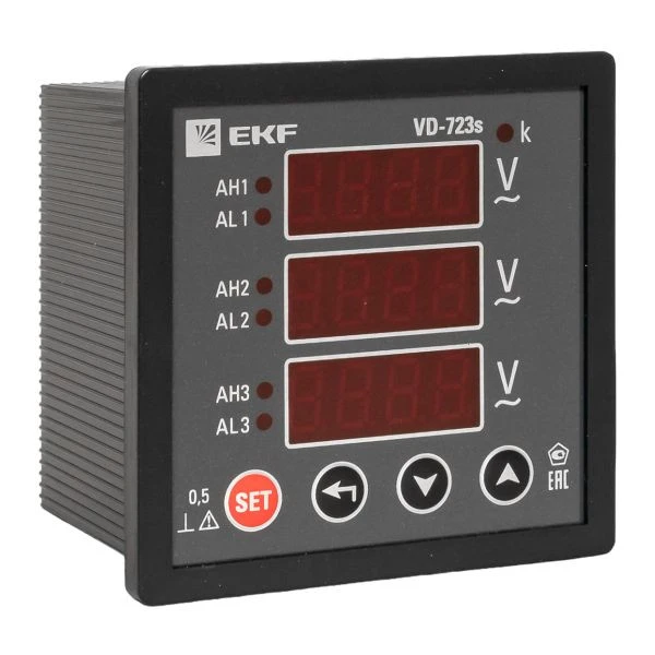 Вольтметр VD-723s цифровой на панель 72x72 (квадратный вырез) трехфазный в коротком корпусе EKF PROxima
