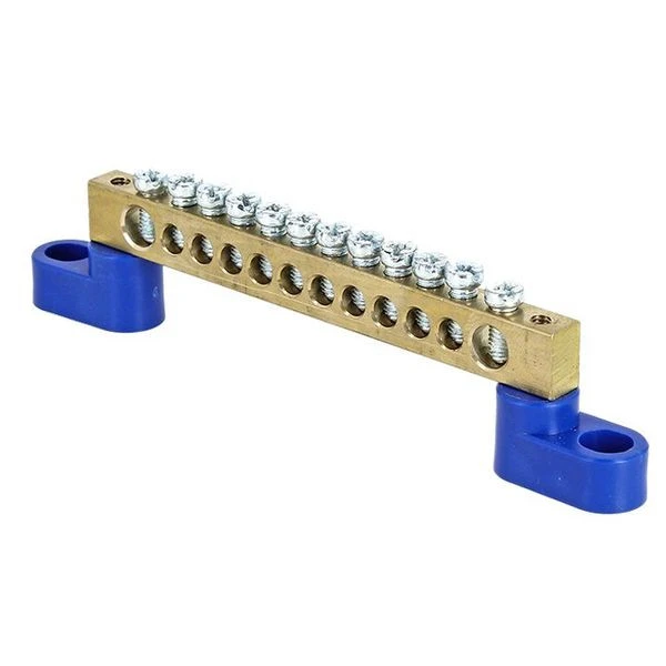 Шина "0" N (6x9мм) 12 отверстий латунь 2 синих угловых изолятора EKF PROxima