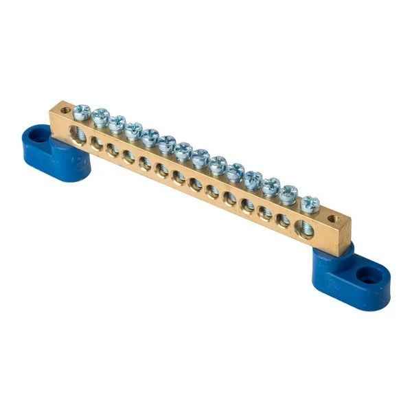 Шина "0" N (8x12мм) 14 отверстий латунь 2 синих угловых изолятора EKF PROxima