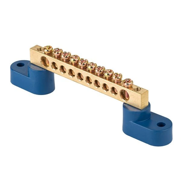 Шина "0" N (6x9мм) 10 отверстий латунь 2 синих угловых изолятора EKF PROxima