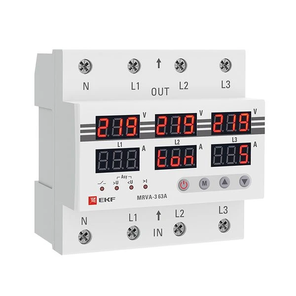 Трехфазное реле напряжения и тока с дисп, MRVA-3 63A EKF