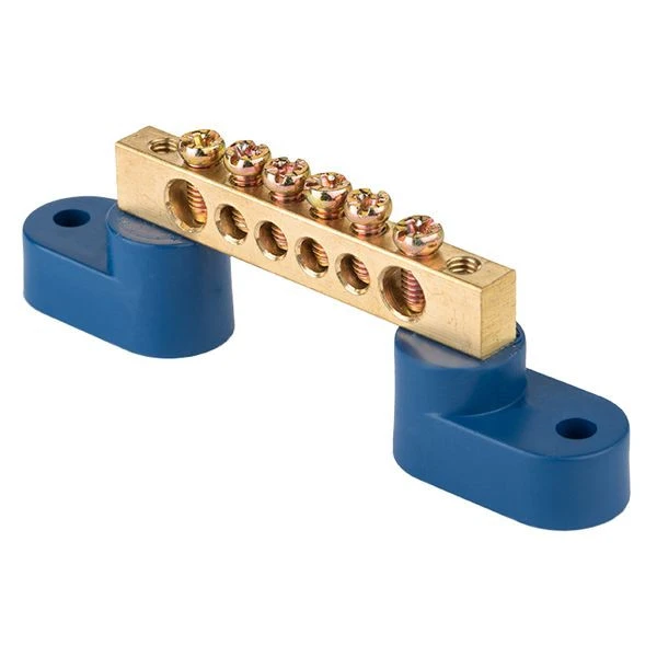 Шина "0" N (6x9мм) 6 отверстий латунь 2 синих угловых изолятора EKF PROxima